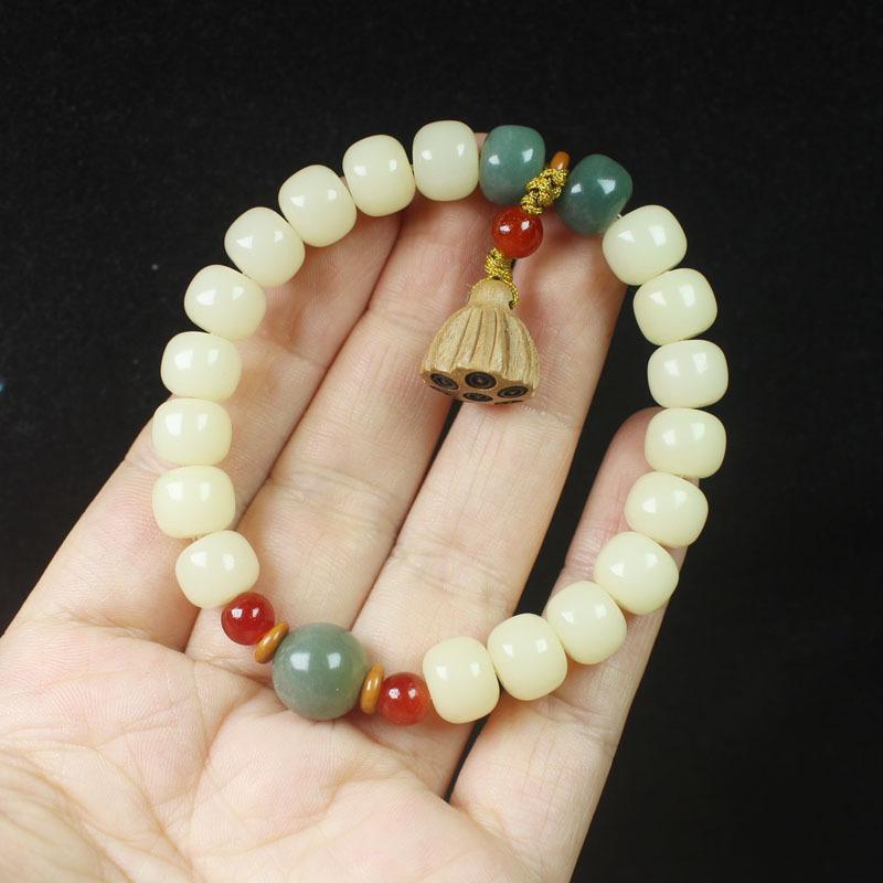 Jade Creamy Yellow Bodhi Root Barrel Bead Bracelet with Lotus Pod Pendant Unisex Chinese Style Wooden Hand Decoration Jewelry