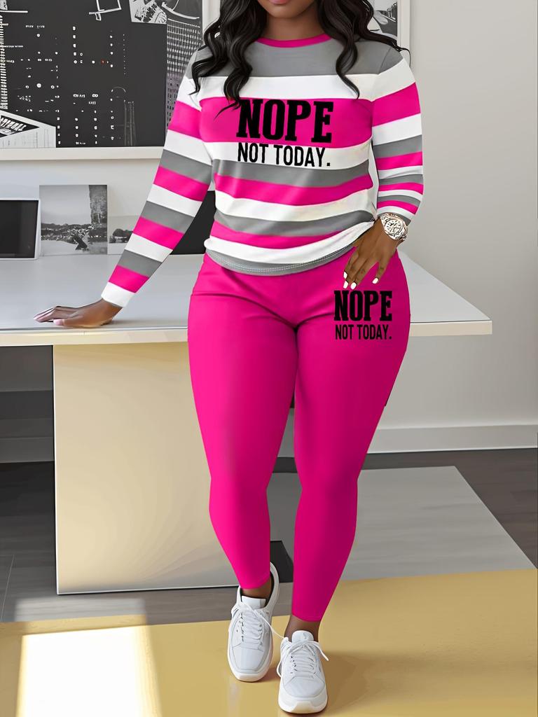 Women's Two-Piece Letter Print Striped Set: Casual Long-Sleeve T-Shirt & Sweatpants/Leggings