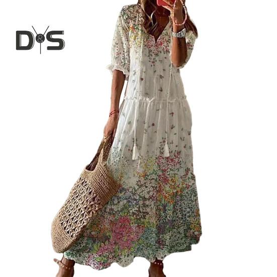 Женское платье с короткими рукавами и цветочным принтом — фото 13