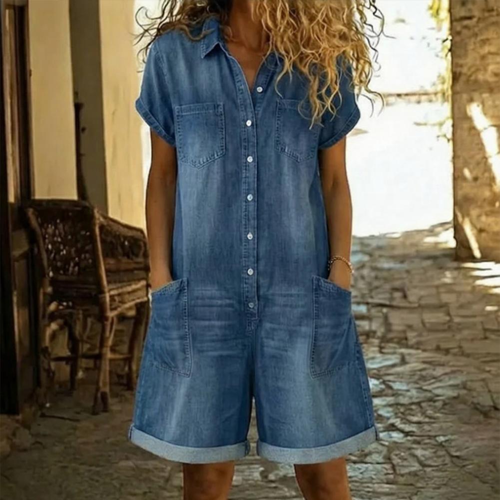 Spring Summer Women Short Sleeve Button Down Jean Short Jumpsuit Cuffed Hem One Piece Overall with Pockets