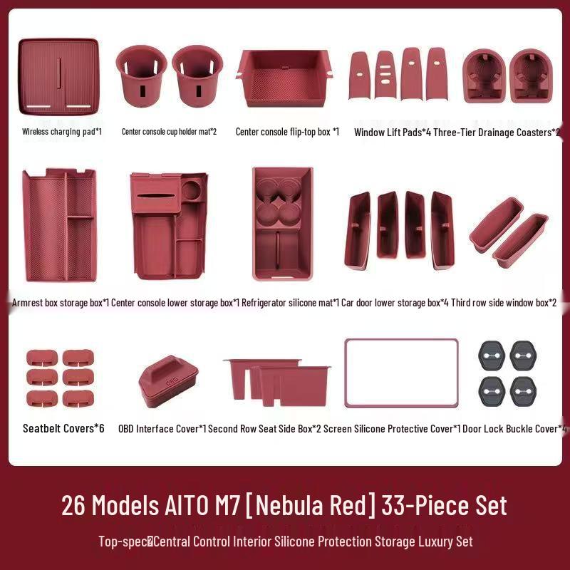 Compatible with 26 AITO M7 models, this silicone car interior set features wireless charging capabilities and decorative modifications.