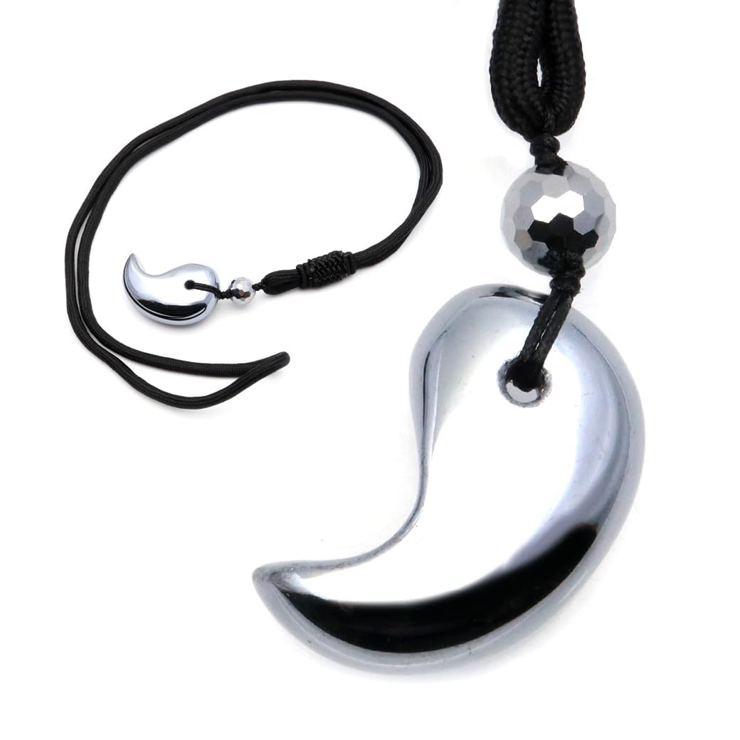 

[GOLD STONE] Terahertz Ore Magatama String Necklace with 8mm Beads, Health Amulet, Terahertz Power Stone, Natural Stone Pendant