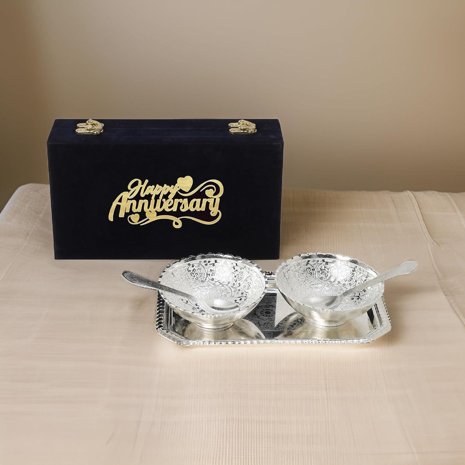 

GIFT German Silver Lotus Bowl Spoon Tray Or Carry Bag with Happy Anniversary Customized Box (Happy Anniversary)