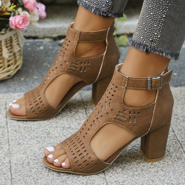 Large size fish mouth high heel sandals summer new buckle hollow bag heel women's shoes