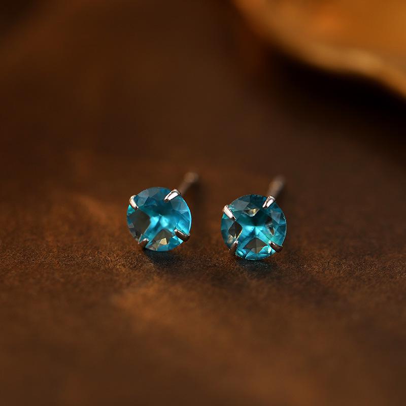 Banyan Tree S999 Silver Birthstone Earrings: Women's Four-Claw Colored Diamond Ear Studs for Everyday Wear