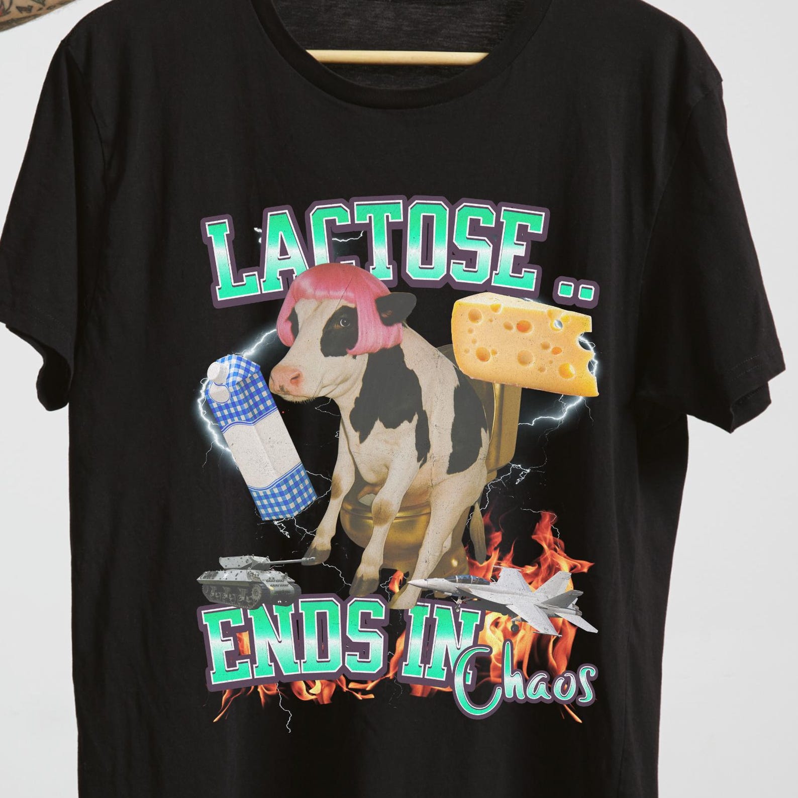 Stylish Lactose Ends In Chaos Shirt, Funny Lactose Intolerant Tee, Cow on Toilet Shirt, Dairy Humor T-Shirt, Funny Milk Lover Gift, Chaotic. 4XL