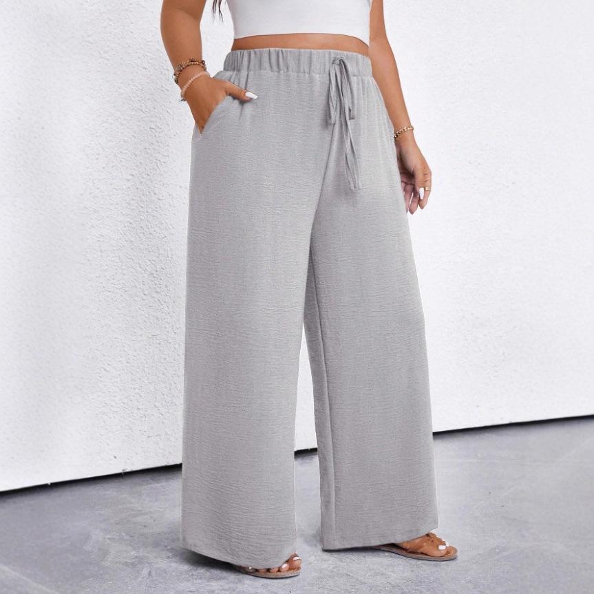 Women High Waisted Wide Leg Pants Casual Elastic Waist Drawstring Loose Fit Solid Color Trousers with Pockets