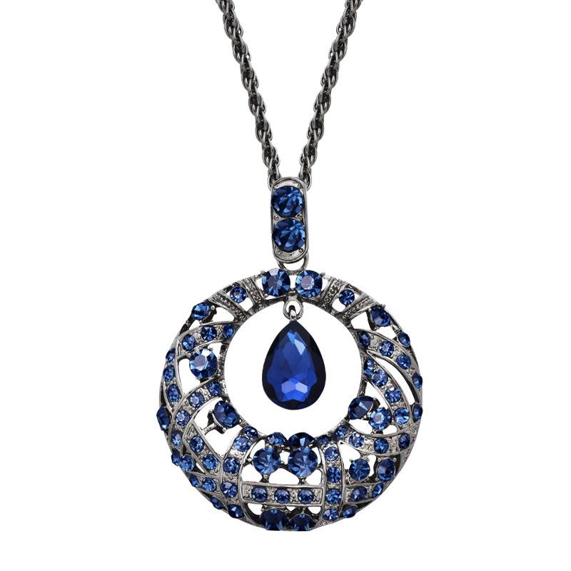 Niebieskie Kropelki Wody Okrąg Długi Łańcuszek Naszyjniki dla Kobiet Vintage Kryształowe Geometryczne Naszyjniki Biżuteria Collier Femme Prezent na Imprezę