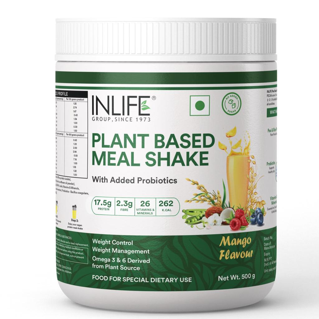 INLIFE Plant Based Meal Replacement Shake | Plant Protein Powder (17.5g Protein), Lactose Free | Added Probiotics, 500g (Mango)