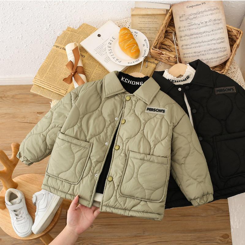Autumn Winter Children's Cotton Jacket Winter Boys Solid Color Thick Plus Velvet Warm Coat Teen Children Outerwear Clothing