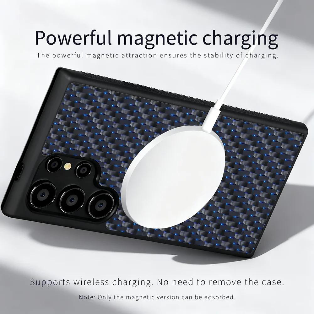 Luxury Carbon Fiber Texture MagSafe Case For Samsung Galaxy S25 S24 S23 S22 Plus Ultra Alloy Lens Shockproof Cover