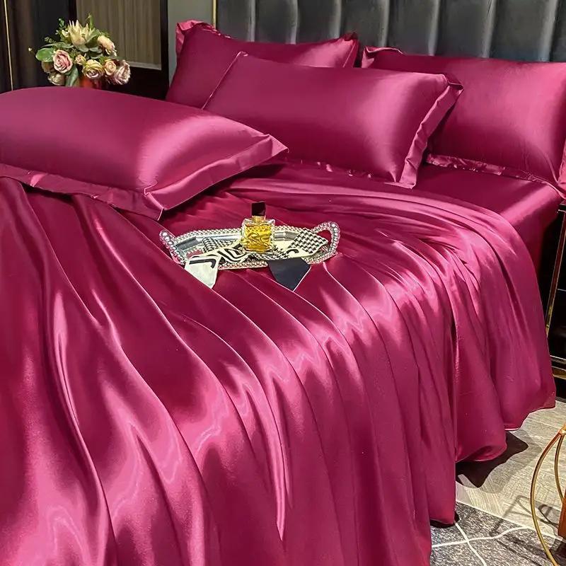 

Nordic Silk Bedding Set with Duvet Cover Bed Sheet Pillowcase Luxury Couple Single Double Summer 1/2 People Solid Bedsheet Twin Size 3pcs вина червоного кольору