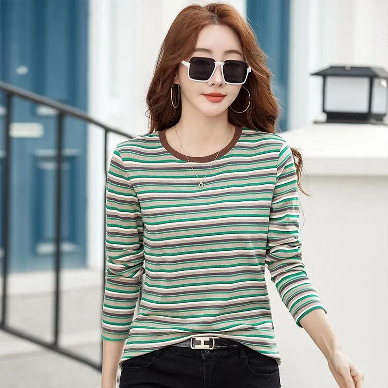 2026 New Women Clothing Crew Neck Striped Bottom Shirt Spring and Autumn Long Sleeve Tops T-Shirt Loose Interior Casual Top