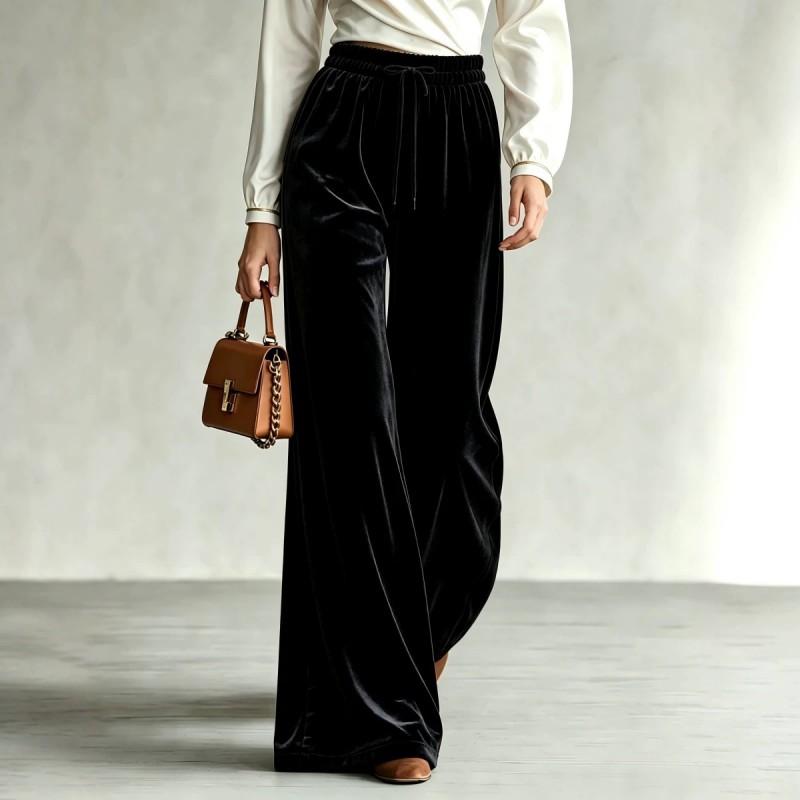 2026 Velvet Wide Leg Pants Women High Waist Loose Fit With Drawstring Pockets Winter