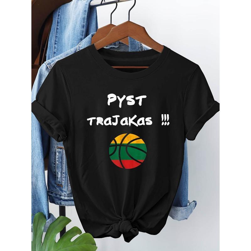 

Basketball Graphic Print Plus Size Women s T-shirt, Short Sleeve Crew Neck Casual Top for Summer & Spring, Women s Clothing S чёрный
