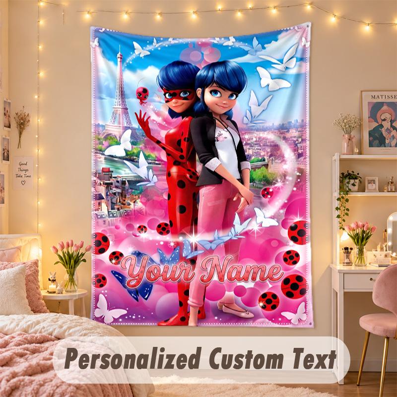 Custom Personalized Tapestry,Miraculous Ladybug Print Custom Name Text Wall Art Hanging for Bedroom
