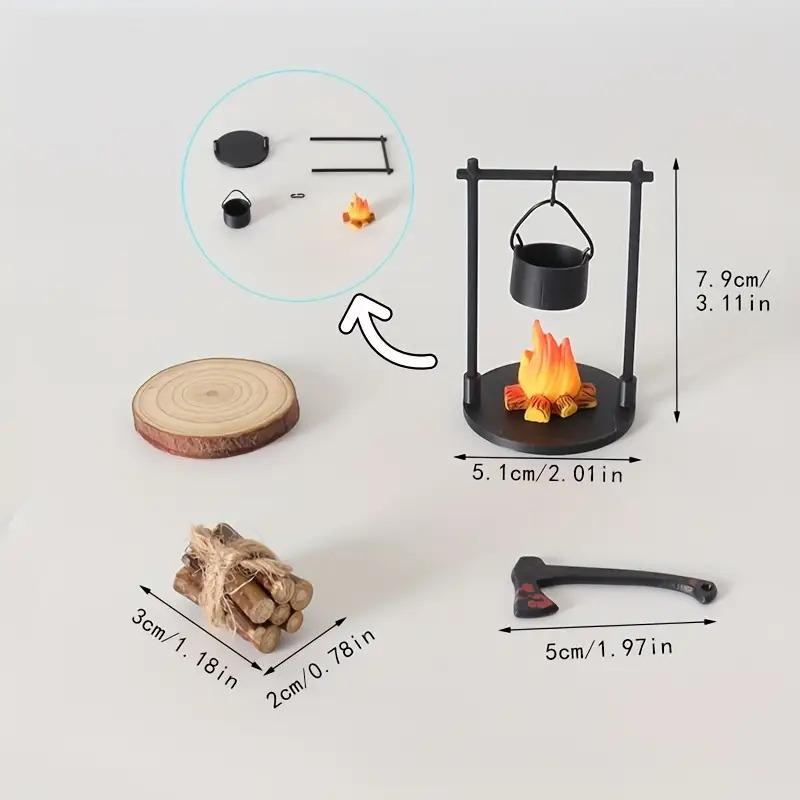 Mini Campfire Hanging Stove Pot Dollhouse Camping Picnic Firewood Pile Sand Table Micro Landscape Scene Decoration Ornament Toy
