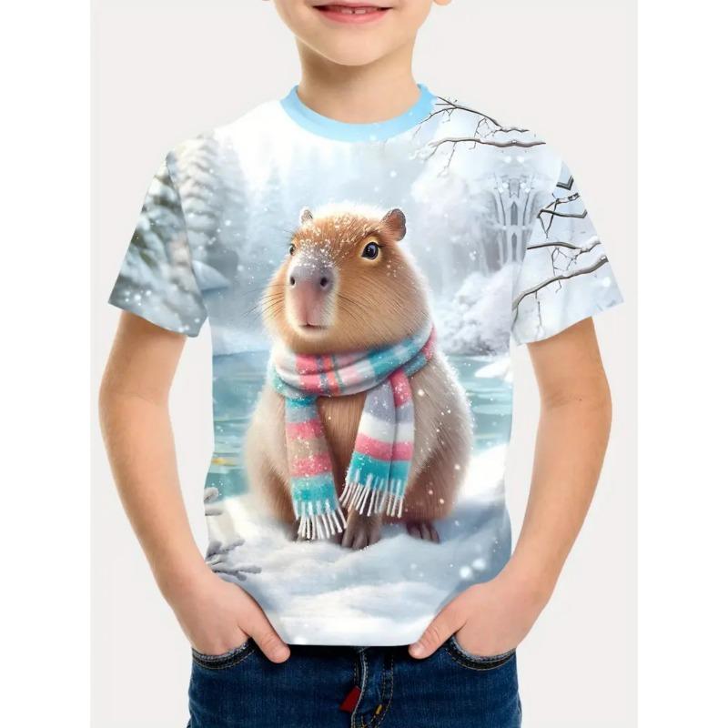 Nowa Koszulka z Krótkim Rękawem ze Zwierzętami Śliczny Nadruk ze Wzorem Kapibary Szybkoschnąca Koszulka z Okrągłym Dekoltem Casualowa Koszulka z Kreskówką dla Dzieci