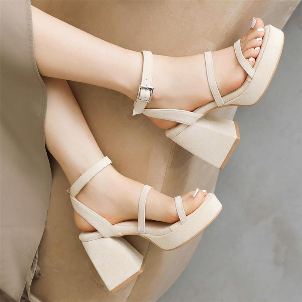 Fashion Summer New Sexy Flcok Party Sandals Women Platform Elegant Thick High Heels Shoes Trendy Ankle Strap Sandalias Ladies Beige Pink