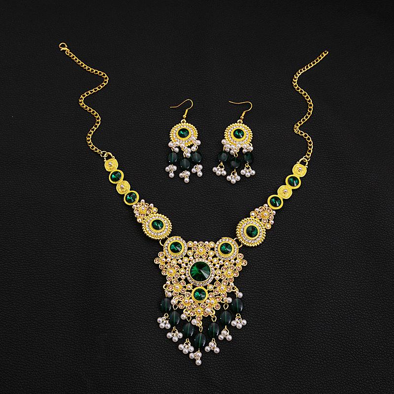 Luxury Exaggerated Jewelry Set, Vintage Court Gemstone Necklace, Geometric Flower Fringed Pearl Earrings