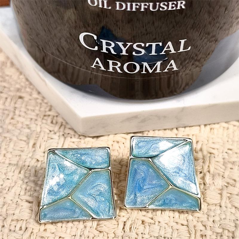 Geometric Enamel Drip Stud Earrings - Stylish Silver Needle High-End Design