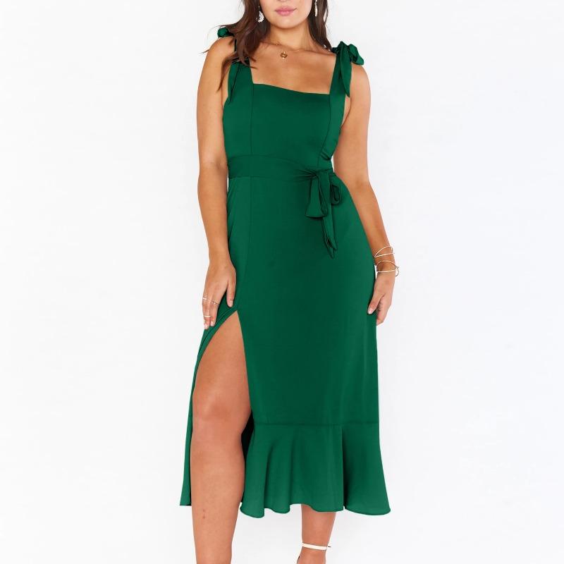 Summer Women's Pullover Hanger Strap Off Shoulder One Line Neck Lace Up Bow Tie Solid Color Split Fashion Casual Sexy Dresses