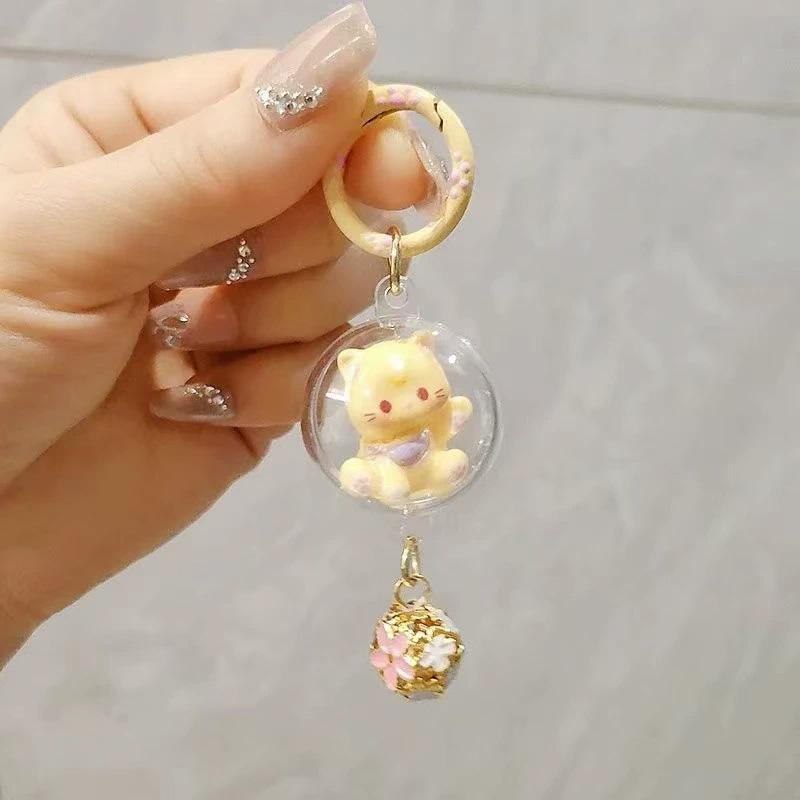 1PC Bag Ornament Accessory Cartoon Cat Keyring Cute Hanging Pendant 3D with Bell Keychain Cat Wind Chime