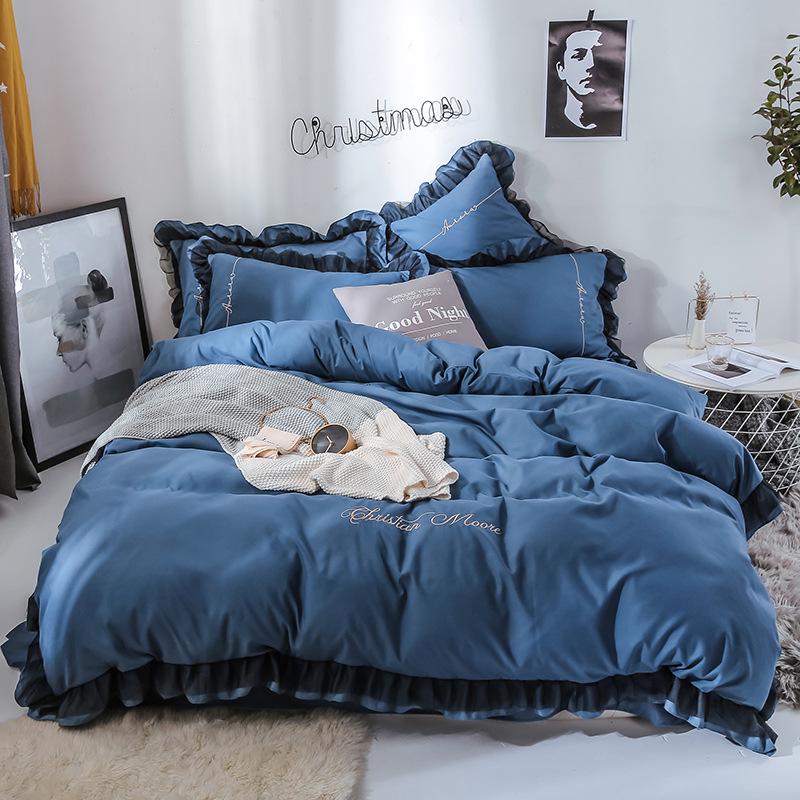 4 PCS Elegant Lace Cotton Bedding Set Bed Sheet Bed Cover Queen/king Size Solid Color Quilt Cover