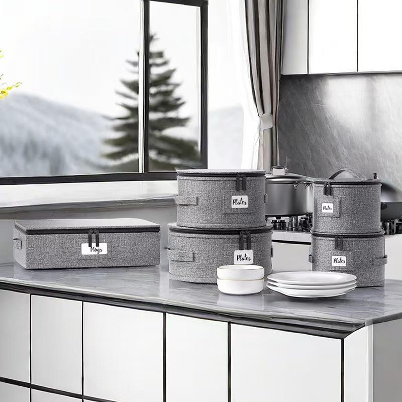 Round Dinner Plate Storage Box with Lid - Dustproof Fabric Bin with Needle-Punched Cotton
