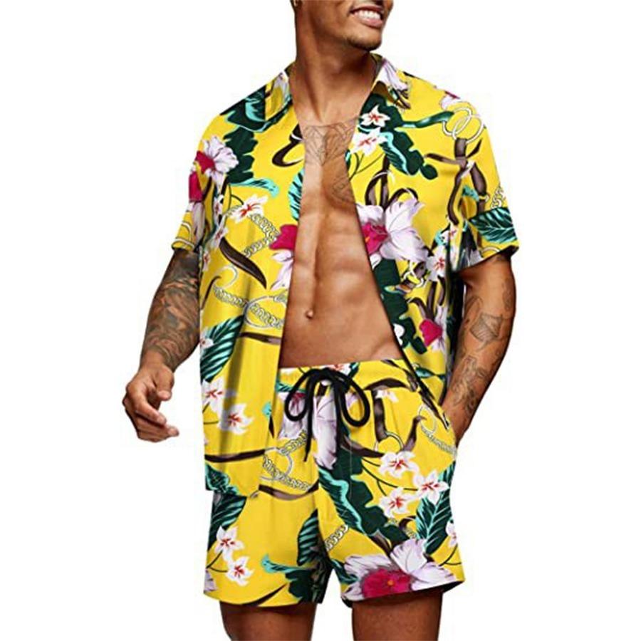 Men's Hawaiian Shirt Set Short-Sleeve Shirt Hawaiian Casual 3D Linen Palm Print Set