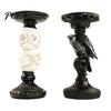 Resin Crow Candle Holder Halloween Candlestick Decoration, Gothic Raven Skull Holder, Pillar Stand Spooky Taper for Tabletop Home Decor Matte Black