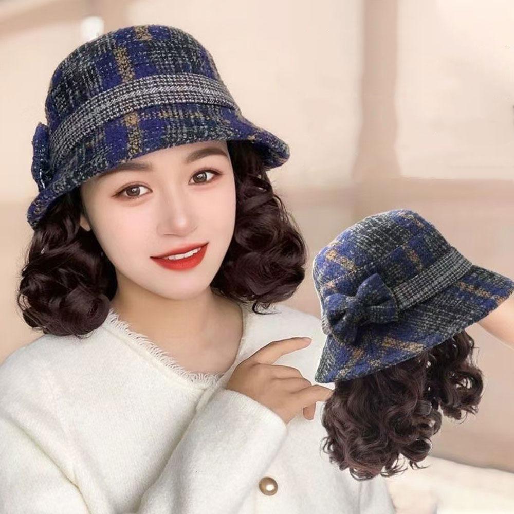 Autumn Winter With Curly Hair Fisherman Hat With Wig Bowknot Attached Wig Wig Bucket Hat Casual Warm Fisherman Cap Women