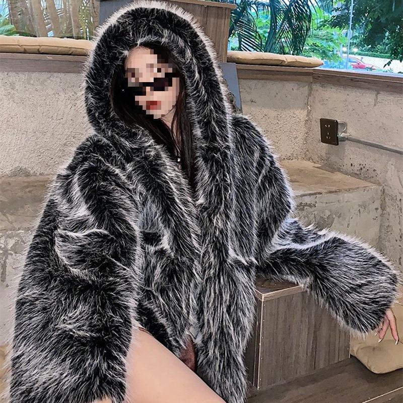 New Women's Faux Fox Fur Hooded Winter Jacket - Loose, Warm, Furry Lambswool Coat.