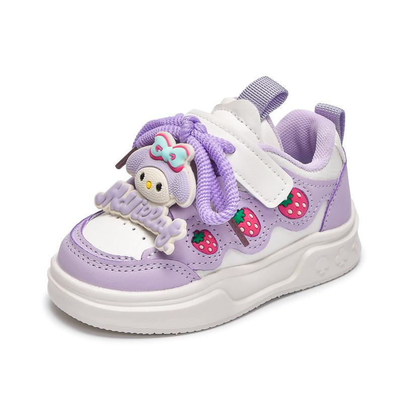 Spring new sports shoes with leather surface, cute strawberry cartoon design, non-slip, ultra-soft girls' sneakers, princess shoes
