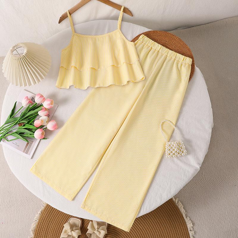 Girls Summer Casual Suit 2025 Children Clothing Striped Suspender Top + Straight Wide-leg Pants Two-piece Set