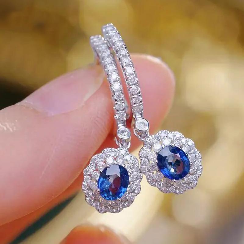 Royal Blue Zircon Oval Earrings Fashionable High-End Design Accessories for Banquets Personalized Simple Zircon