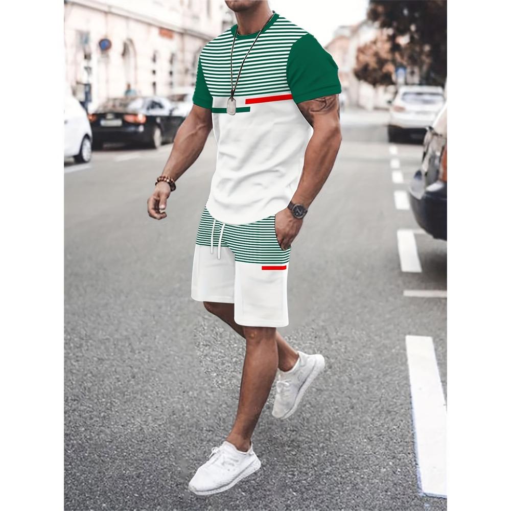 New Stitching Printed Men's Suit Summer Round Neck Short Sleeve Top And Casual Shorts Fashion Street Style Two-Piece Set