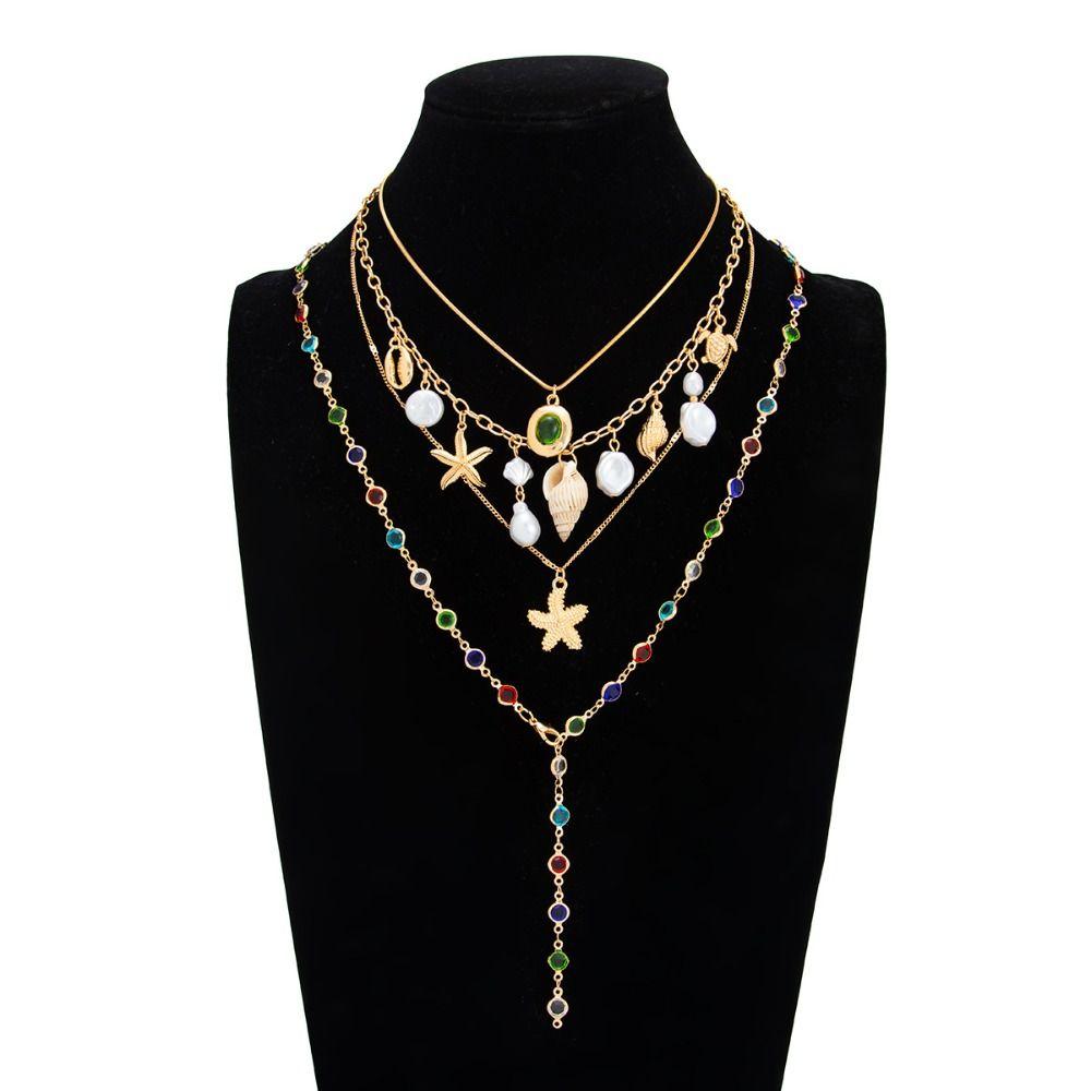 Pearl Colored Rhinestone Necklace Y-Shaped Bohemian Style Necklace Beads Chain Choker Vacation