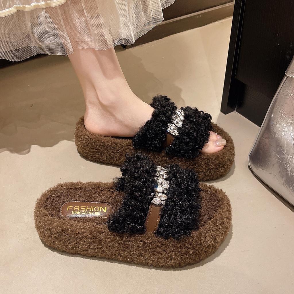 Lamb Wool Slippers Women's 2025 Autumn and Winter New Slope Heel Muffin Thick Bottom Outer Wear One Word High Heel Cotton Drag Tide