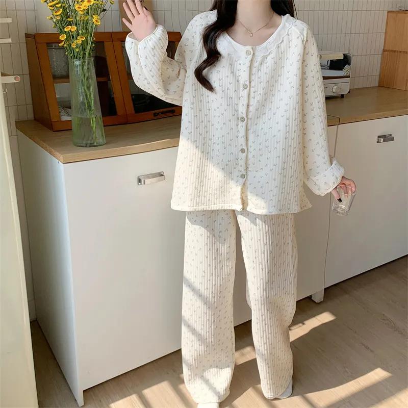 Ropa de dormir floral para mujer, conjuntos de pijama, conjunto de pantalones de pijama de invierno, 2 piezas, bonitos trajes de dormir de encaje, cálido traje de casa para dormir