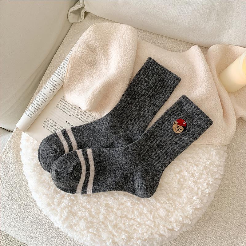 Autumn and Winter Socks: Women's Embroidered Bear Wool Socks, Thickened Warm Striped Cartoon Mid-calf Pile Socks