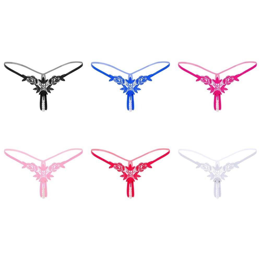 Hollow Open Crotch Lace Pearl Panties Low Waist Thin Belt Thong Valentine's Day Gift