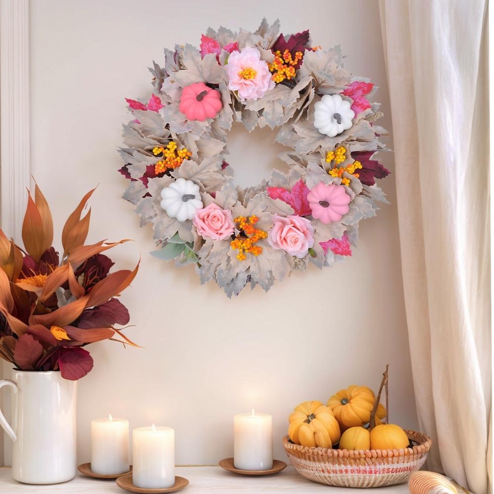 1PCS  Fall Wreath With Pumpkins & Silk Flowers Fall Wreath 17.72 Inch Fall Wreath With Pumpkins & Silk Flowers For Autumn Decor