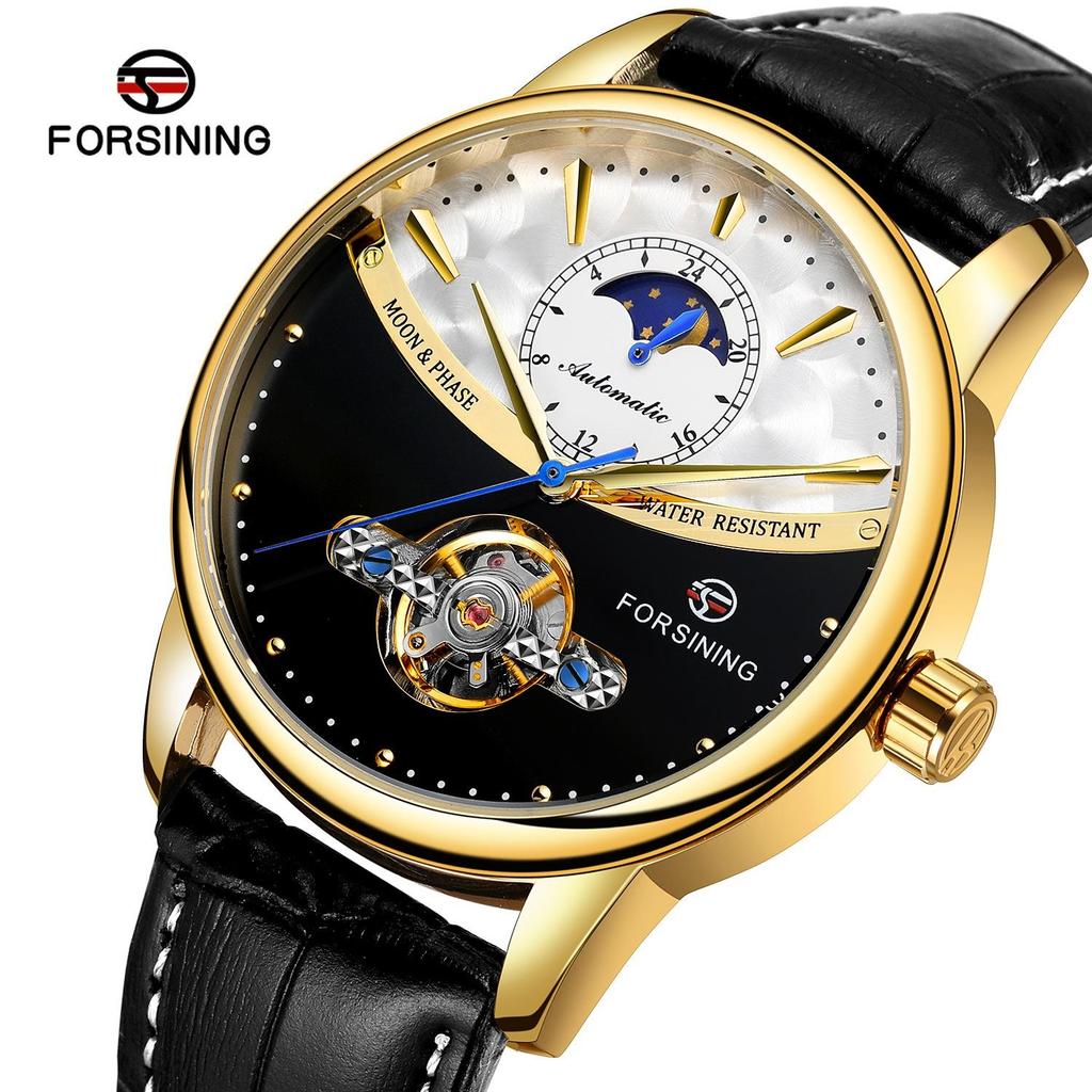 Forsining Luxury Automatic Mechanical Watches Mens Sun Moon Phase Tourbillon Watch Waterproof Men Wristwatch