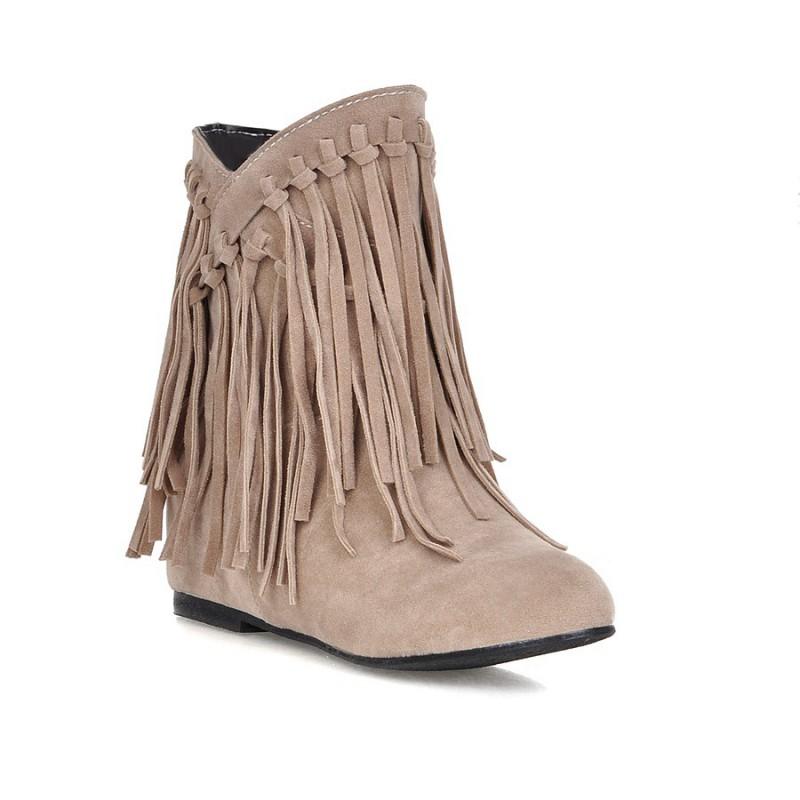 Womens Suede Ankle Boots With Fringe Flat Heel Hidden Platform Style Round Toe Slip-On Winter