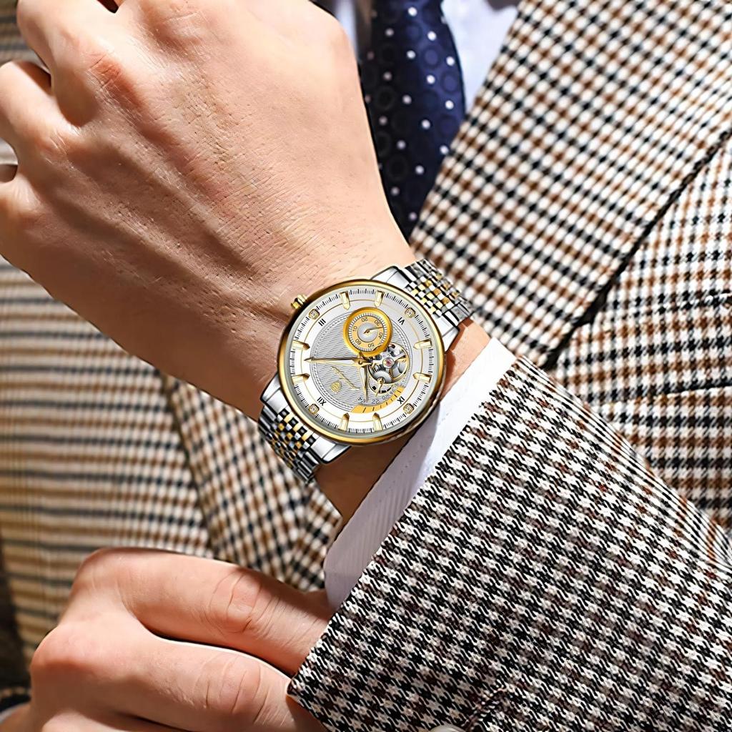 POEDAGAR Fashion Business Men Automatic Mechanical Watch Waterproof Luminous Hollow Tourbillon Male Clock Steel Strap Men's Watches