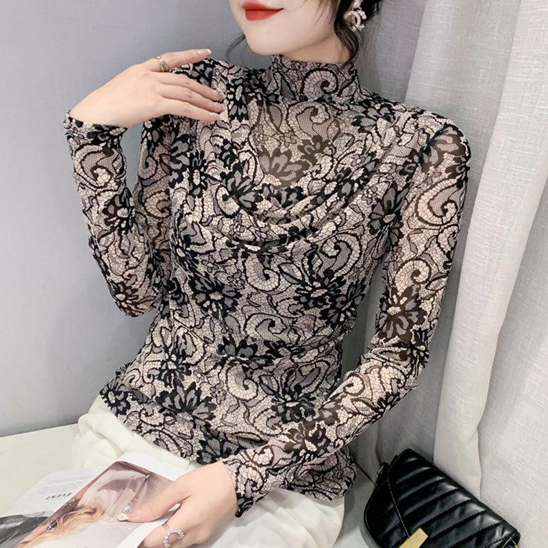 Retro Mesh Base Shirt for Women with Cross V-neck Fashionable Long-sleeved T-shirt Shirt Slim-fitting Dance Top