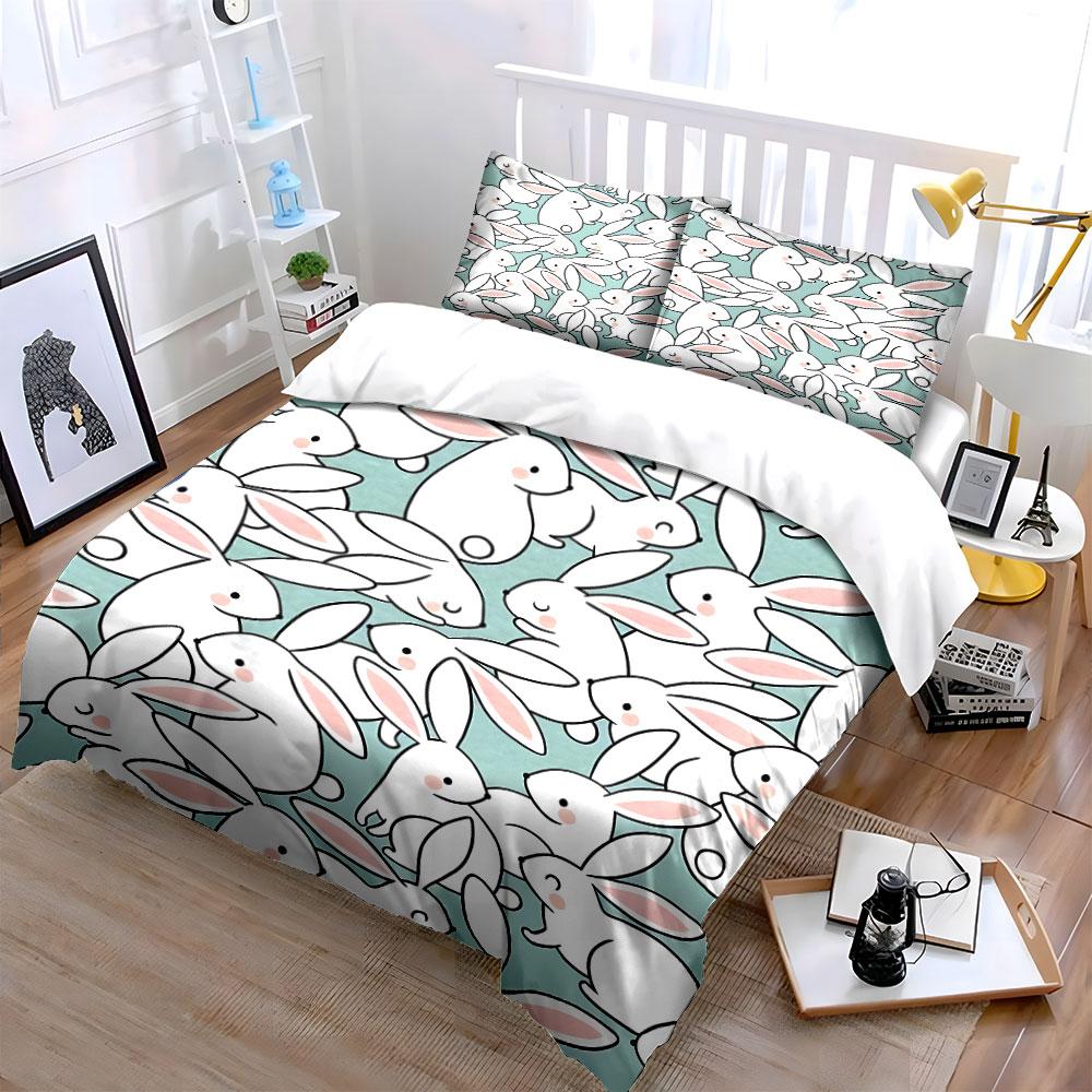 White Bunny Pattern Duvet Cover Set With 3D Printing Design Soft Polyester Bedding Set All-Season Comfort Machine Washable