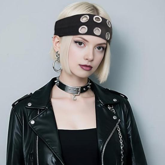 Women Hair Band Punk Style Rock Stretch Headband with Hollow Eyelets Aesthetic Design Hair Accessories