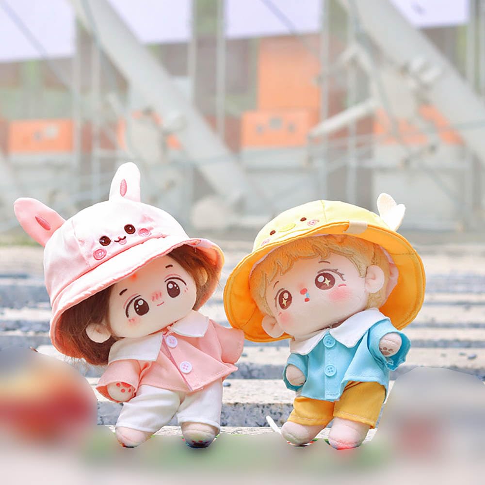 niannyyhouse 20cm Plush Toy with Pink Rabbit and Duck Hat, Shirt, and Pants, Preschool Set, Dress-Up Cotton Doll with Accessories (Yellow)